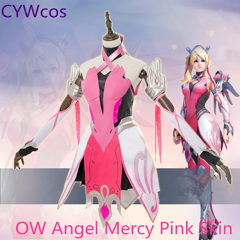 OW Angel Mercy, розовый костюм для косплея, полный комплект, костюм на Хэллоуин, вечерние костюмы, платье+ носки+ перчатки+ броня на руку+ головной убор