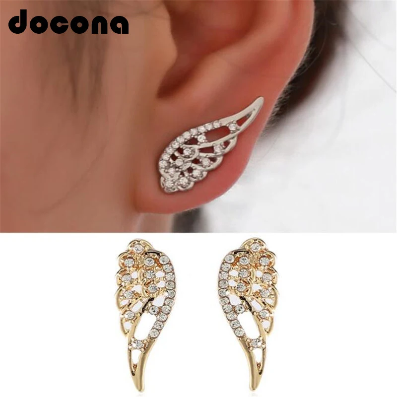 

Docona Punk Gold Silver Color Crystal Wing Stud Earring for Women Metal Geometric Stud Earring Boho Jewelry Brincos 3402