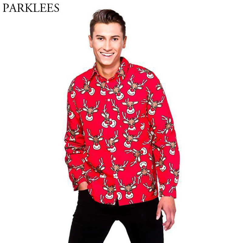 

Red Christmas Shirt Men 2018 Cute Xmas Deer Print Adult Shirt Mens Slim Fit Long Sleeve Shirt Male Casual Holiday Party Chemise