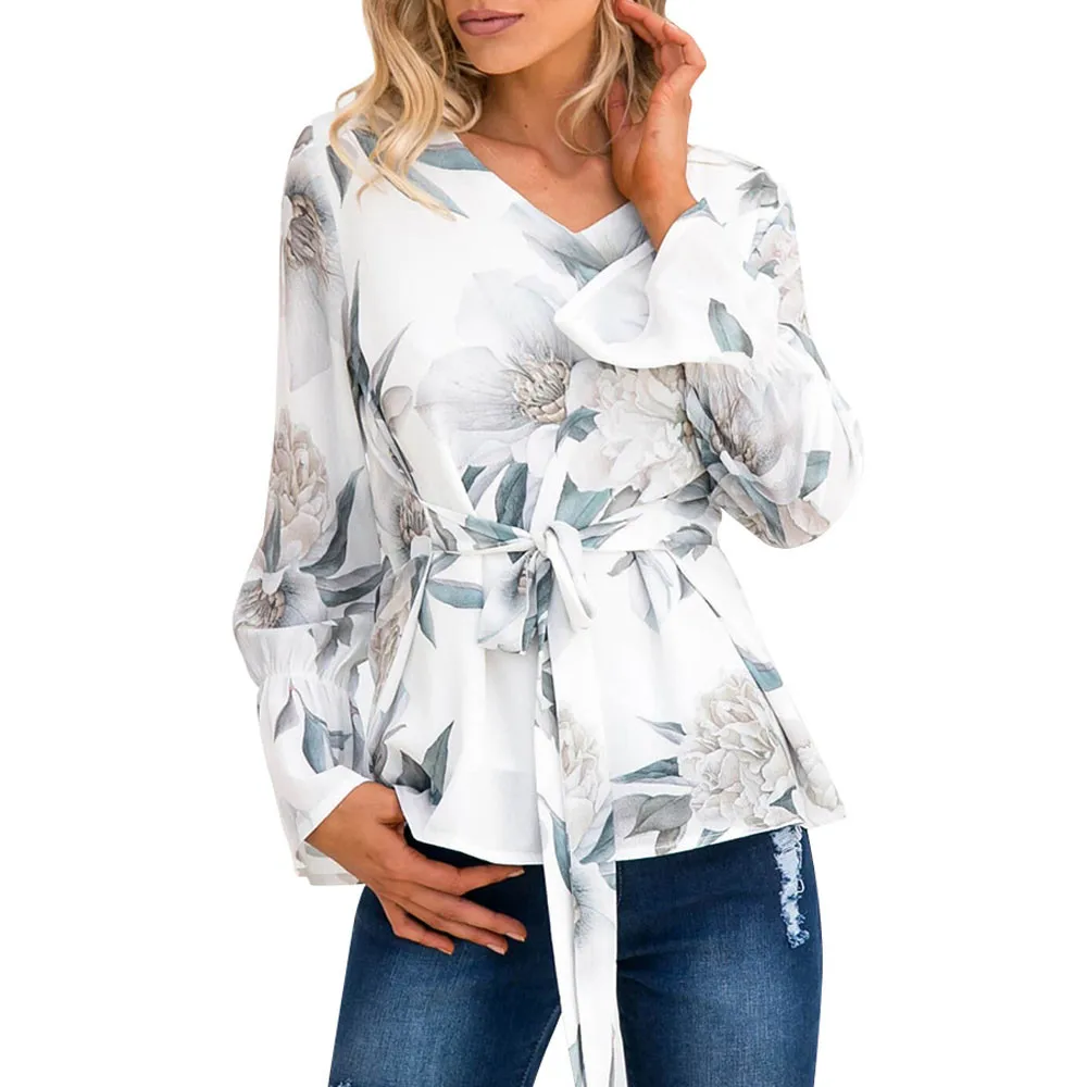 

Womens Tops and Blouses Feminine Autumn 2018 Streetwear Floral Print Long Sleeve Blouse with Belt Ladies Top Tunic Woman Clothes
