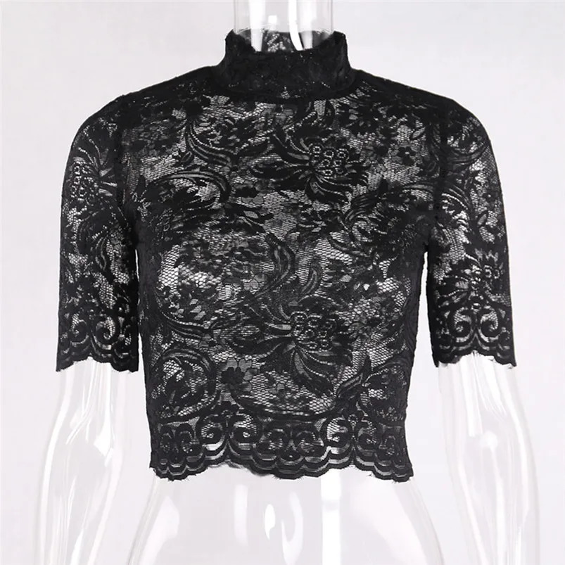 New Beauty Women Gothic Punk Tops Thin Sexy Short Sleeve Perspective Hollow Lace T-shirt Ladies Clothing 35JU28 (16) - 副本