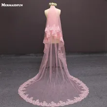 Новинка, настоящие фотографии, двухслойная кружевная вуаль для лица, розовая Тюлевая свадебная вуаль С румяной, 2 T, свадебная вуаль, свадебные аксессуары