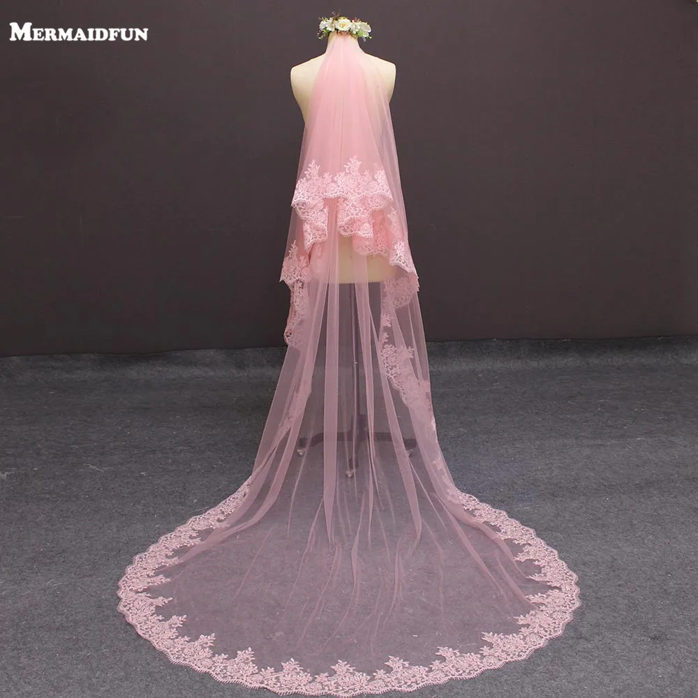 

2019 New Real Photos Two Layers Lace Edge Cover Face Pink Tulle Wedding Veil with Blusher 2 T Bridal Veil Wedding Accessories