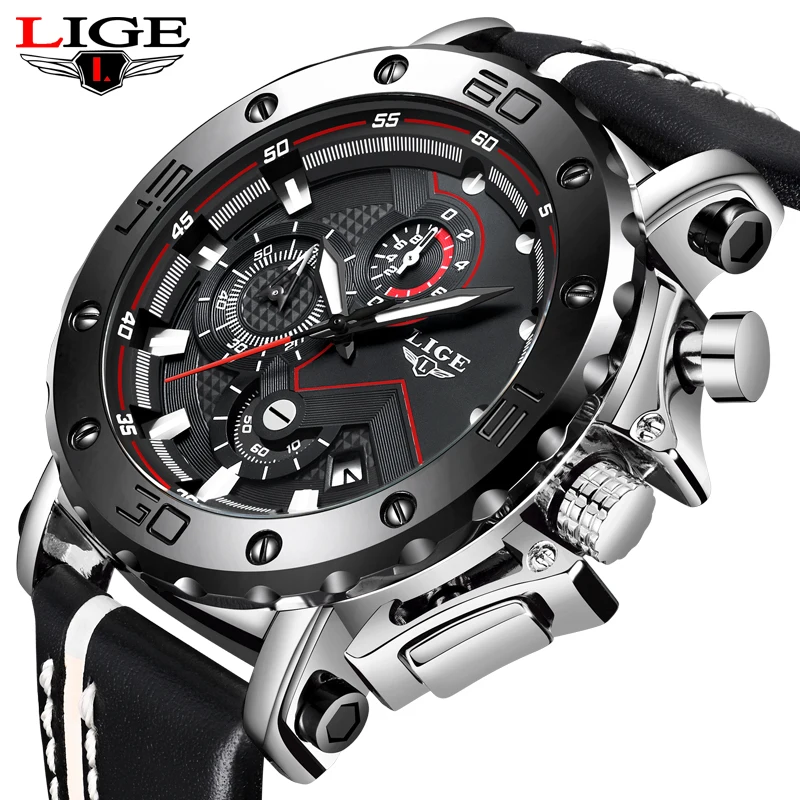 

2019 LIGE Watches Top Brand Luxury Male Automatic Date Waterproof Sport Men Leather Military Quartz Wrist Watch