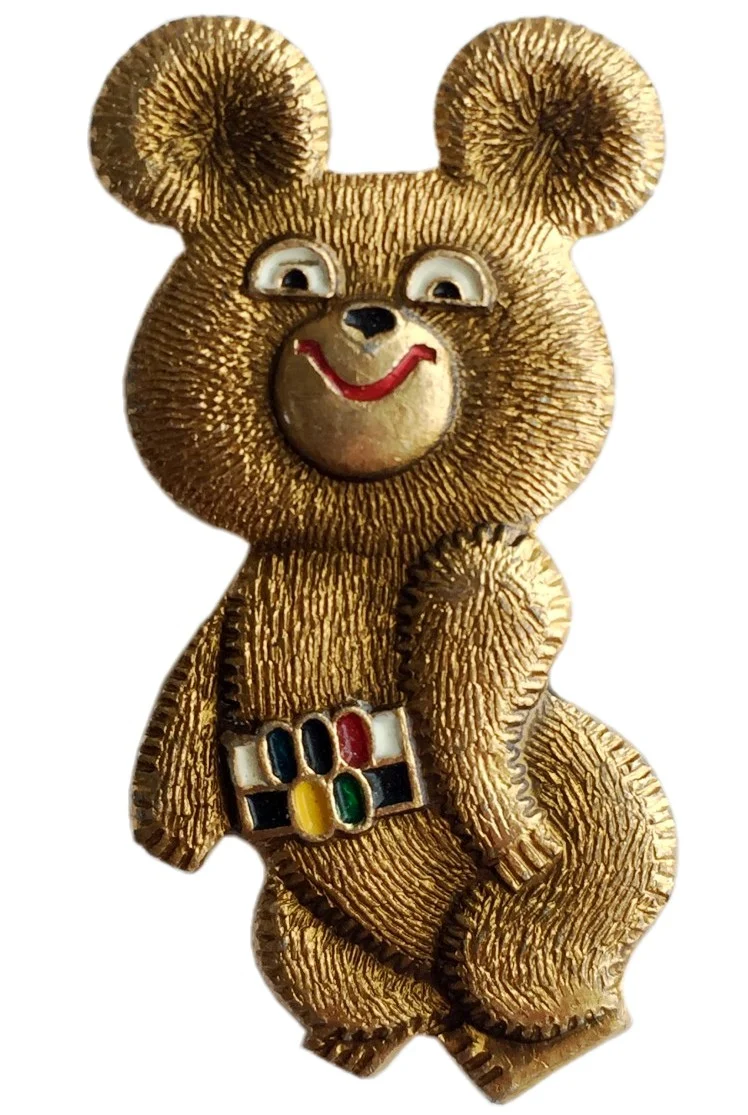 

100% Authentic 1980th Soviet Moscow 22nd Olympics Mascot Bear Gold Misha Aluminum Badges Small Vest Series Brooch Pin
