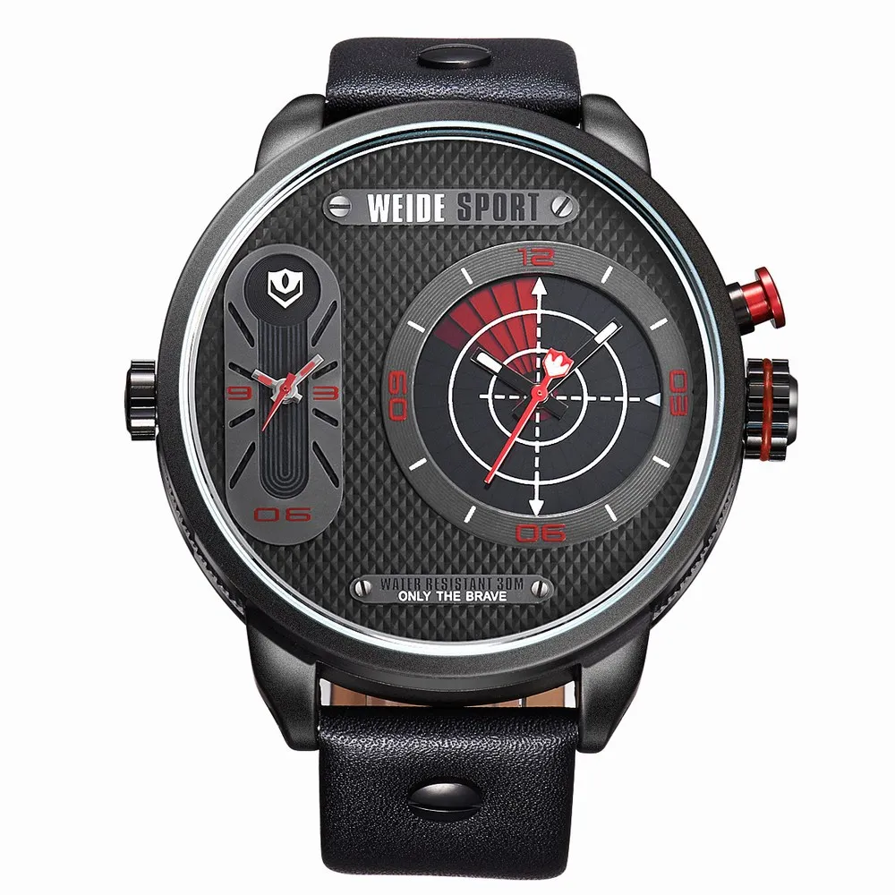 Waterproof! WEIDE Brand Military Watch Big Round Dial Analog Two Time Zones Display Leather Strap Men Army Sports Waches Relogio