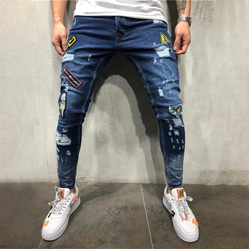 

summer Holes have badges embroidered labeling youth fashion trend jeans 2019 new fashion hip hop jeans