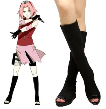 

Free Shipping Naruto Shippuden Haruno Sakura Cosplay Costume Black Ninja Boots Anime Shoes