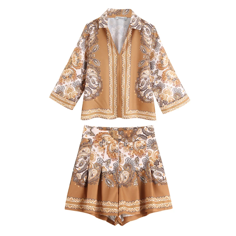 

Women's suit summer new printing shirt high waist wide leg shorts two-piece female temperament fashion loose wild clothes