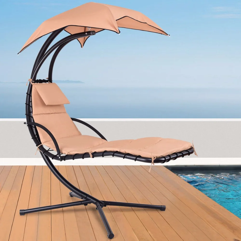 Giantex Hanging Chaise Lounger Chair Arc Stand Porch Swing Hammock Chair W/ Canopy Khaki Outdoor Furniture OP3460CF Giantex Hanging Chaise Lounger Chair Arc Stand Porch Swing Hammock Chair W/ Canopy Khaki Outdoor Furniture OP3460CF