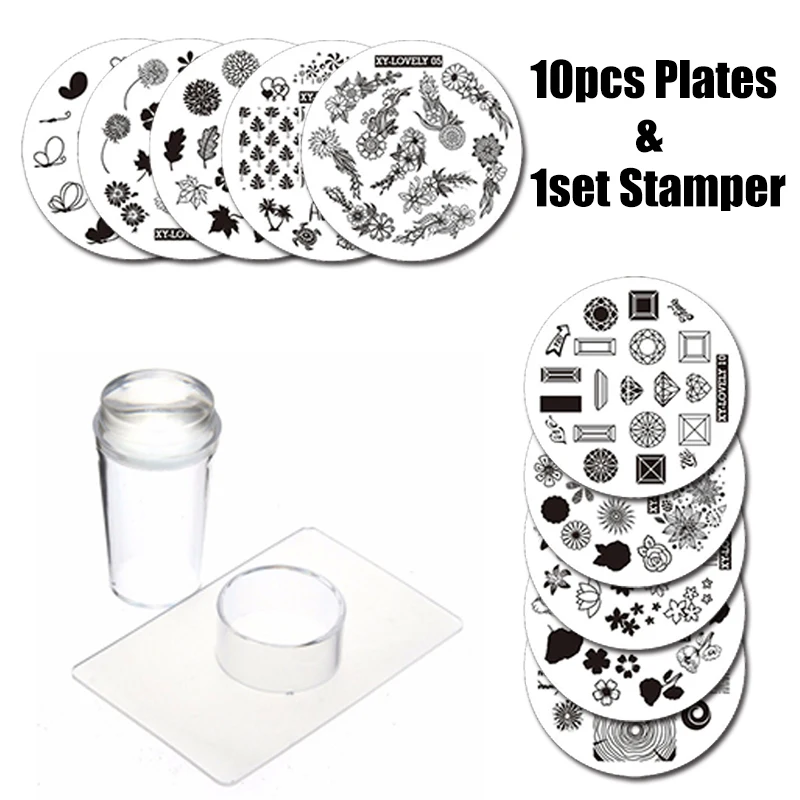 

10Pcs Nail Plates + Clear Jelly Silicone Nail Art Stamper Scraper with Cap Stamping Template Image Plates Nail Stamp Plate Tool