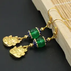 Оптовая цена Мода Золото-элегантные Висячие серьги для женщин Подарки Зеленый Халцедон длинные серьги-капли jewelry B2626