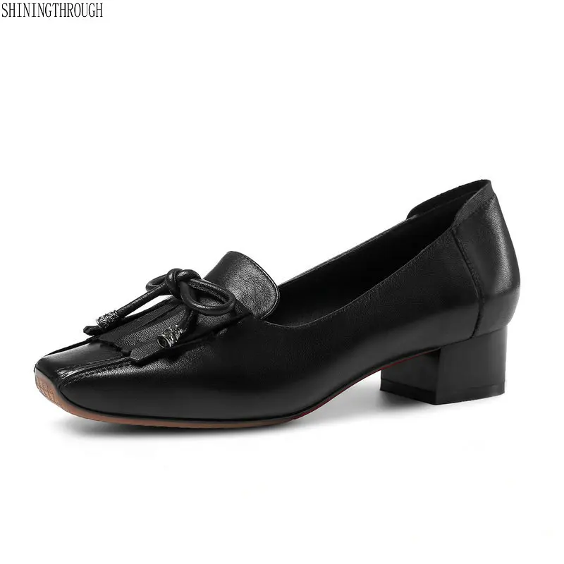 Genuine Leather women Pumps 3cm Square Heel black red gun High Quality square Toe tassel dress Shoes Woman large size 43 Genuine Leather women Pumps 3cm Square Heel black red gun High Quality square Toe tassel dress Shoes Woman large size 43