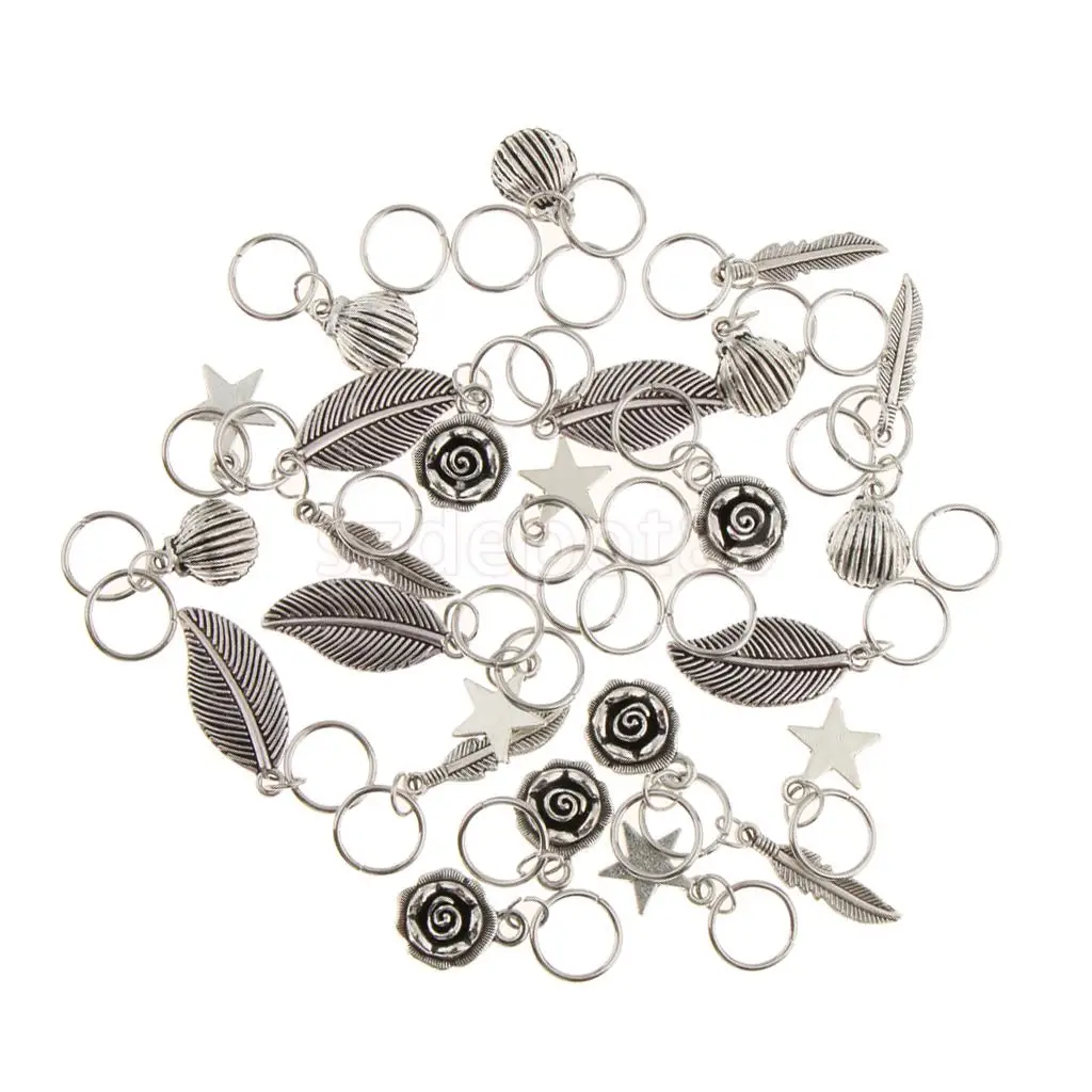 35pcs Hip Hop Silver Hair Braid Rings Hair Loops Clips 6Styles Bulk DIY Hair Accessories - Star Leaf Shell Loop Feather Flower