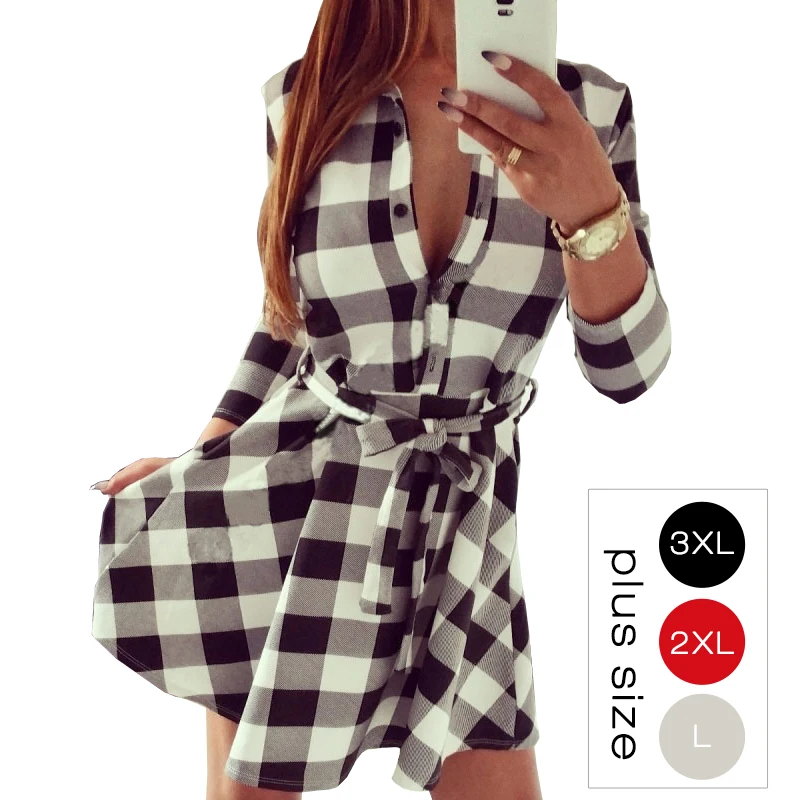 3XL Autumn Vintage White Black Plaid Tunic Shirt Dress Women 2016 Sexy 3/4 Sleeve Office Winter Dresses Big Plus Size Work Wear