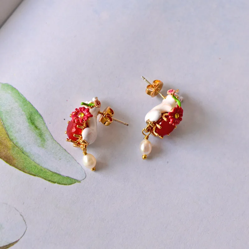 

S925 Silver Earrings female fashion jewelry pearl earrings rabbit flower new women's jewelry