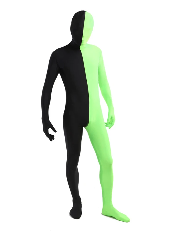 Split Green And Black Zentai Spandex Lycra Bodysuit