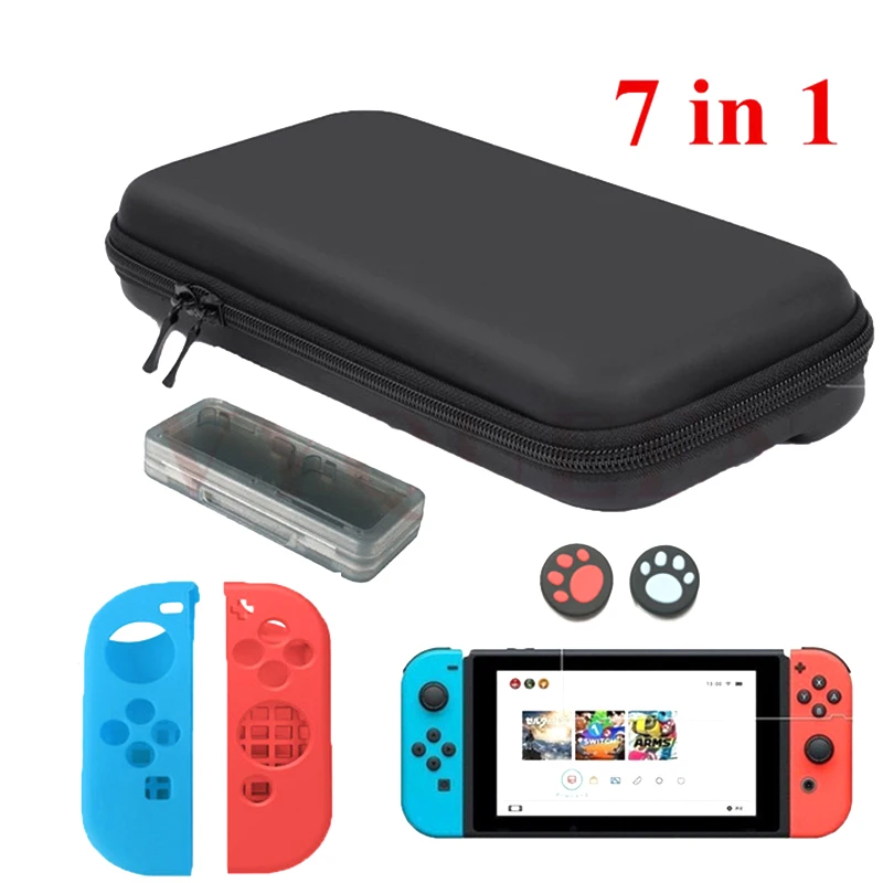 

7 in 1 Game Accessories Sets Storage Bag Cover+Tempered Glass Screen+Game Card Storage Box+2 Controller Silicone Case+2 Caps