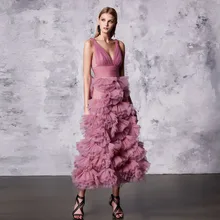 Haute Couture Vestido Longo Мода Пром платья спагетти V Средства ухода за кожей шеи уникальный Дизайн оборками Длинные вечерние платья Chic Платья для вечеринок