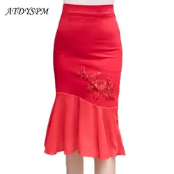 Новое прибытие для женщин Цветочный Вышивка пикантная юбка средней длины шифон кругов черный, красный офисные юбка миди плюс размеры
