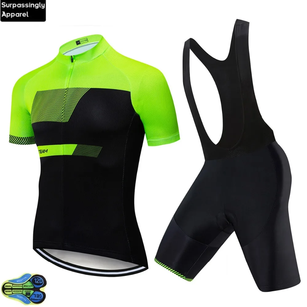 

2019 Summer UCI Racing Team Men Cycling Jersey 12D Bike Short Suit Fluo Green Cycling Cothing Ropa Ciclismo MTB Bike Culotte Set