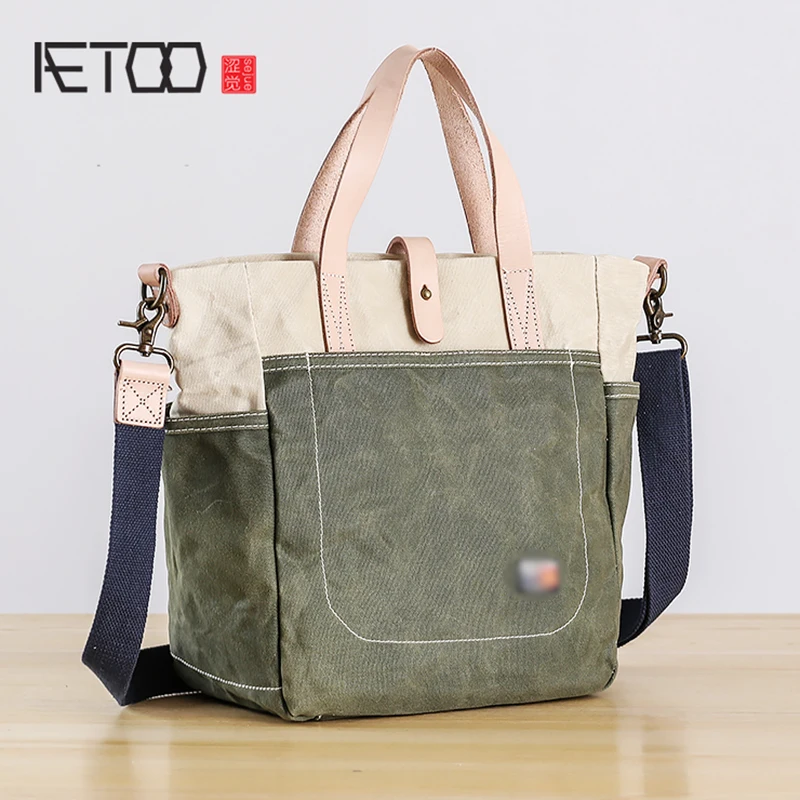 

AETOO Canvas bag men's singles shoulder Oil wax waterproof casual handbag literary trend lady hit color oblique cross bag