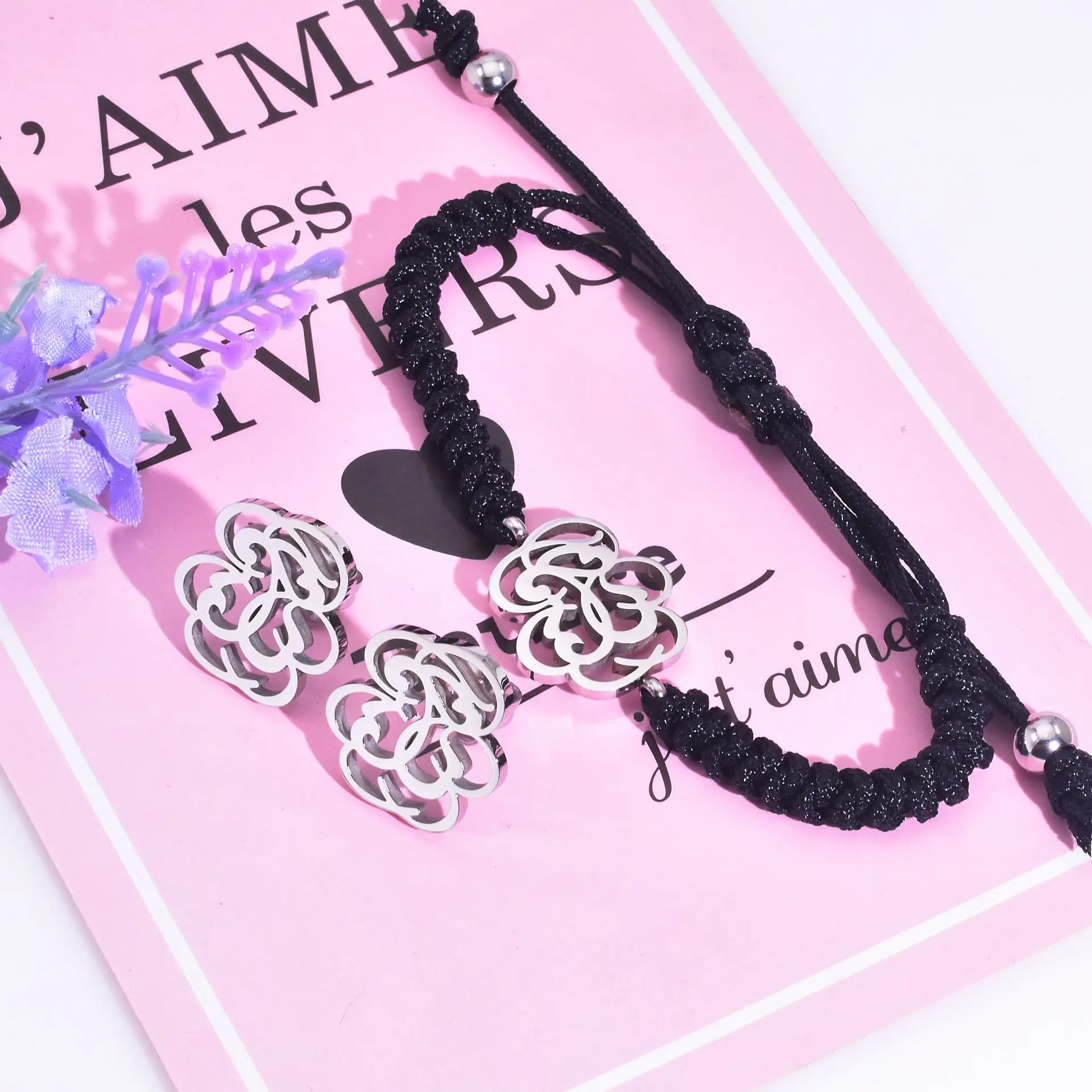 

Bears style Stainless Silver hollow flower hamsa moon charms handmade macrame braid Women Jewelry Set bracelet and earring osos