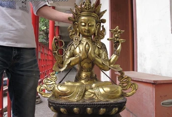 

Tibetan Temple Bronze Copper Gild Four Arm Guan Yin Kwan-yin Boddhisattva Statue