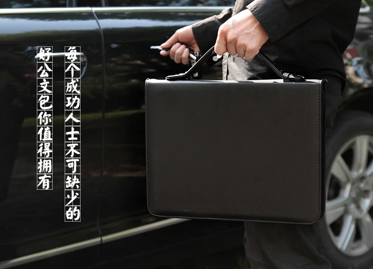 

A4 zipper leather file folder document bag briefcase with handle calculator ring binder handbag business office conference W026