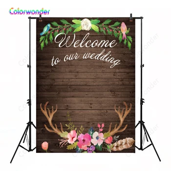

Wooden Backdrops for Wedding Party Decor Dark Vintage Stripes Wooden Floor with Colorful Flowers and Antlers Background Photo
