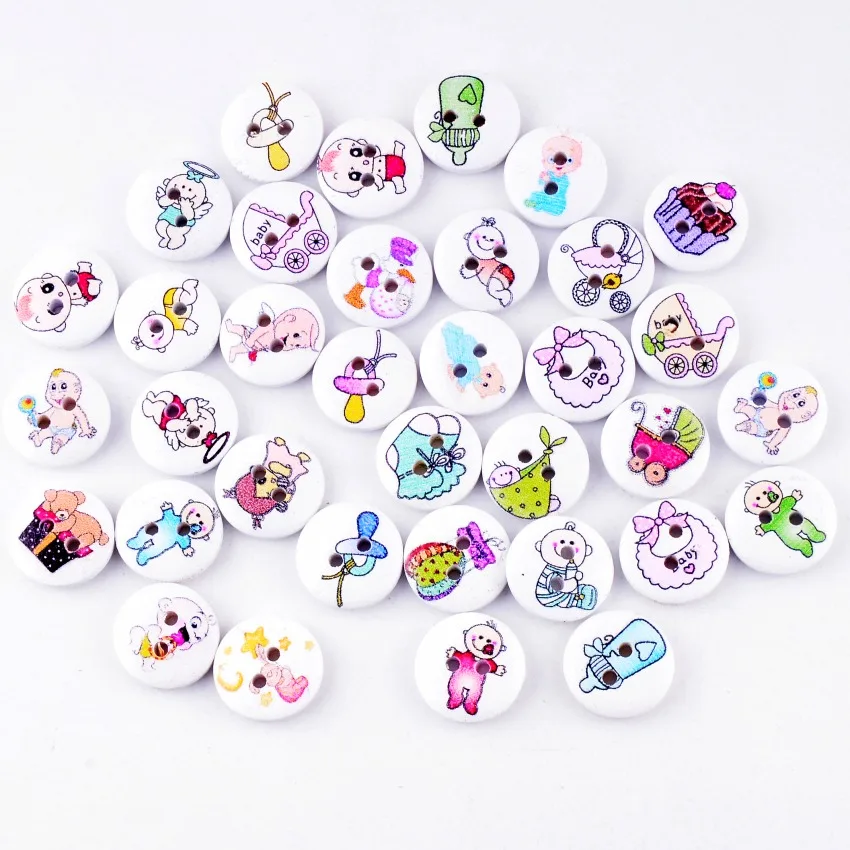 

Retail 10Pcs Random Mixed 2 Holes Print Baby Style Wood Buttons 15mm Dia. Sewing Tools For Diy Clothing Accessories F0591