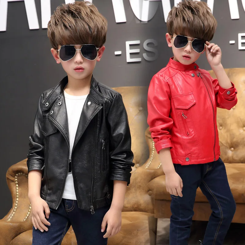 

2018 Spring Autumn Baby Boys PU Leather Jacket Kids Teenage Boys Leather Jackets Boys Casual Black Solid Children Outerwear