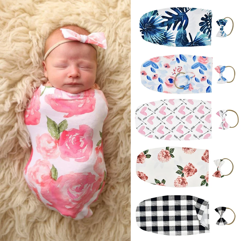 Комплект для новорожденных от 0 до 2 месяцев, спальный мешок для новорожденных, милое одеяло с цветочным рисунком, пеленка для сна+ повязка на голову