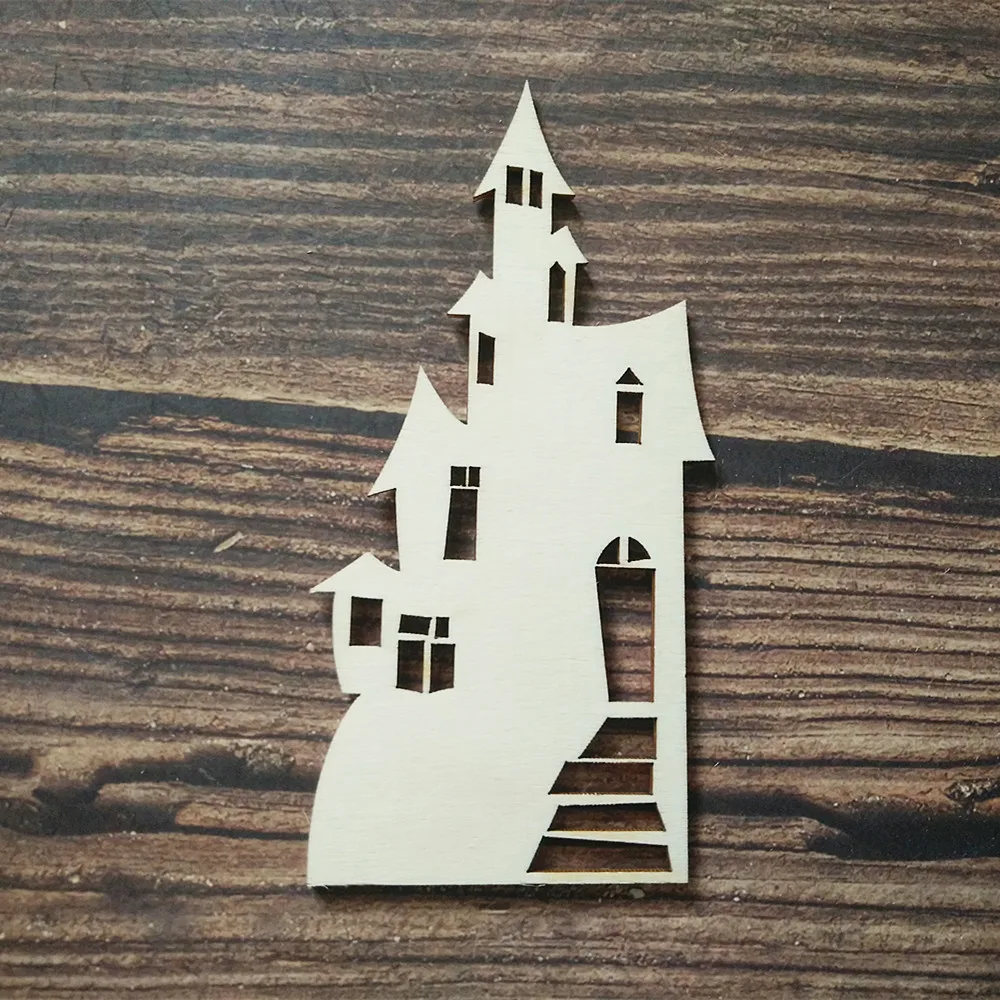 

6pcs Laser Cut Castle Shape Wooden Embellishments For Halloween Wood Ornament Halloween Tags Decor