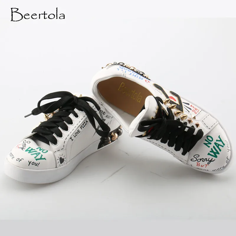 

Beertola Women's Sneakers White Lace-up Studded Rivets Shoes Woman Graffiti Shiny Music Logo Fashion Women's Shoes Top Quality