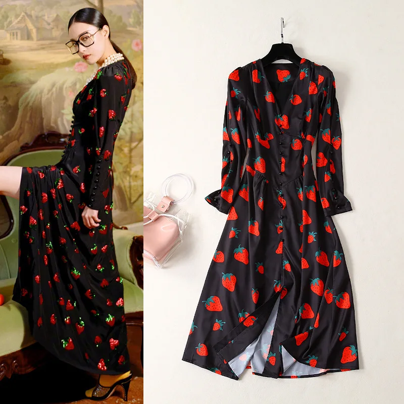 

Sexy V neck elegant dress New 2019 spring long sleeves strawberry print vintage dress A249