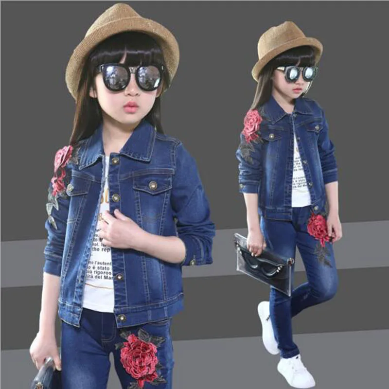 

Children clothes baby girls outwear jeans sets child set fashion cowboy jacket for spring autumn kids clothes set 5-15 years