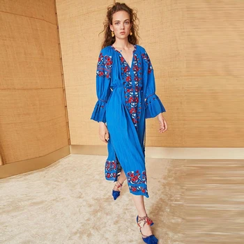

BOHOFREE Midi Dress V Neck Tassels Ruffled Sleeve Split Hem Floral Embroidery Bohemian Dress Loose Sash Casual Boho Vestidos