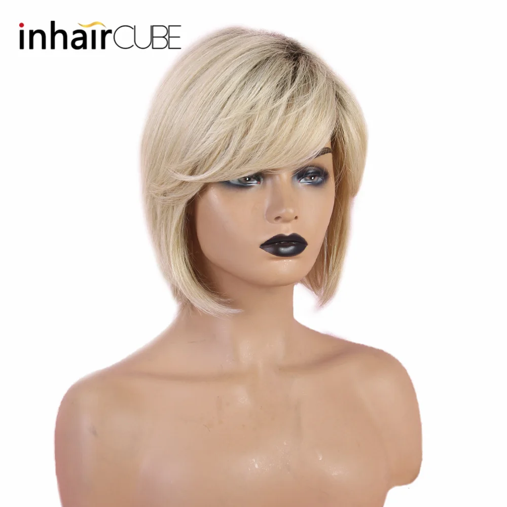 Inhaircube 10 "Pixie Cut женский парик с Омбре синтетические человеческие волосы с челкой аксессуар для волос пушистой цветок натуральная волна