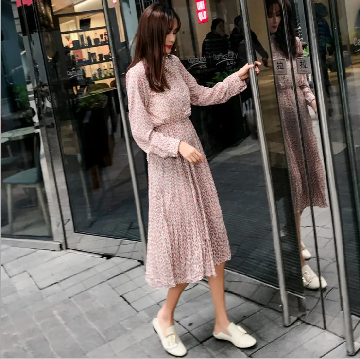 

Women Elegent A-line Dress 2019 Vintage printing party vestidos Long Sleeve women Spring Dress fw258