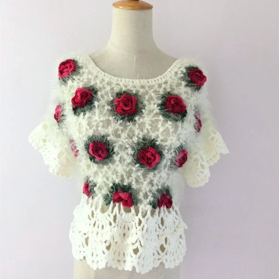 Handmade Crochet Sweaters Women 2017 Vintage Ethnic Mohair Style Hollow Out Rose Floral Butterfly Sleeve Pullover