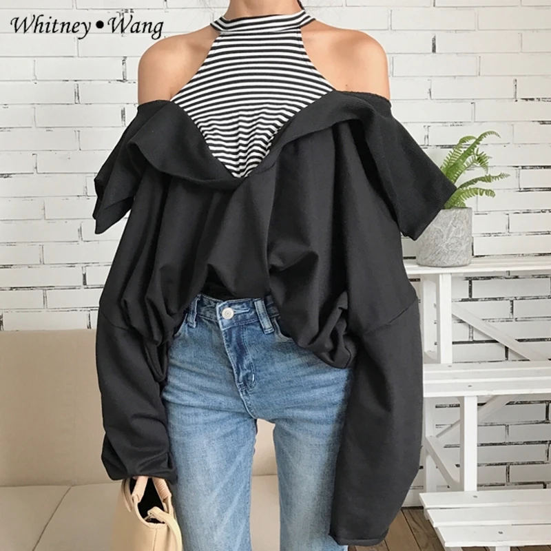 

WHITNEY WANG 2018 Autumn Fashion Streetwear Hollow Out Stripd Patchwork Oversize Sweatshirt Women Hoodies harajuku Pullovers