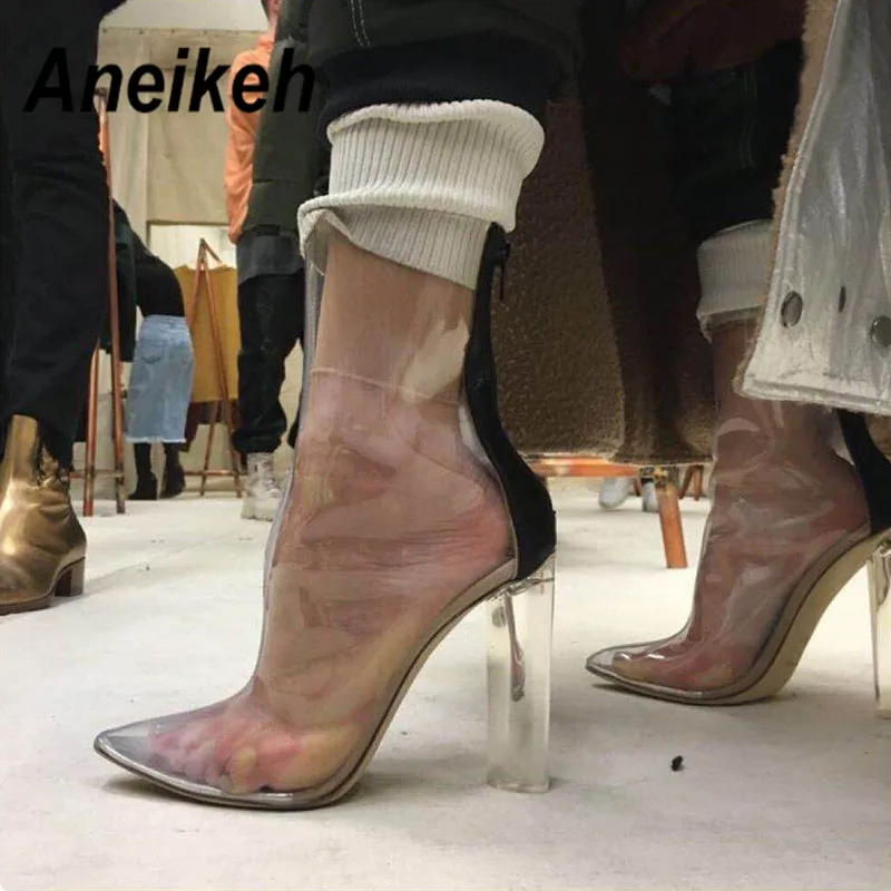 

Aneikeh 2019 Women's Shoes Sexy PVC Transparent Ankle Boots Pointed Toe Chunky High Heels Clear Heel Short Boots Bottes Femme