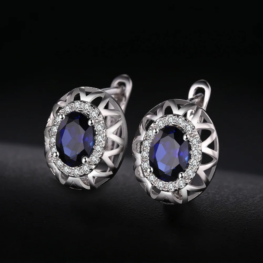 Jewelrypalace Oval 925 plata esterlina joyería conjunto azul creado anillo de zafiro pendiente marca Clip para las mujeres joyería fina - 4
