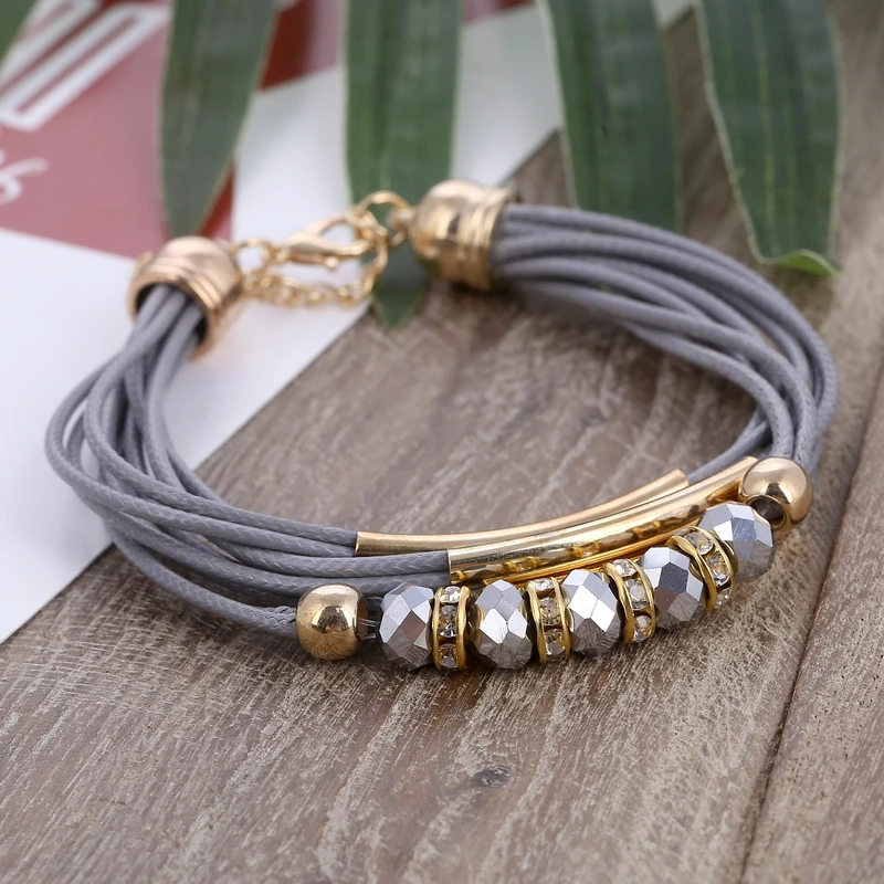 

Hesiod grey color multi-layer chain beads charm bracelets punk style genuine leather rope bracelet wristband