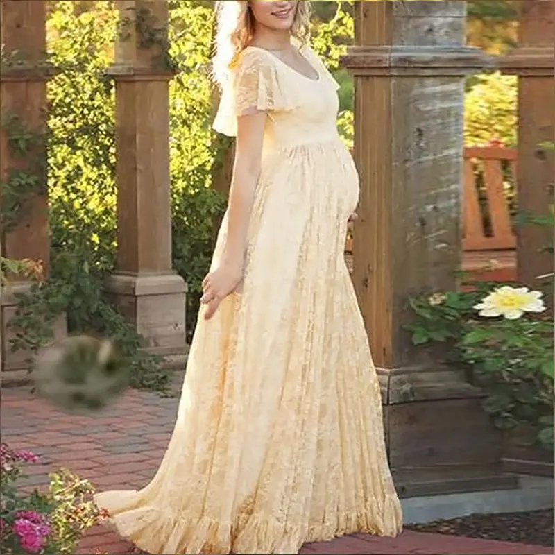 

Vintage Dress for Pregnant Women Short Sleeve Long Lace Dress Pleated Elegant Maternity Dresses for Photo Shoot Wedding Party