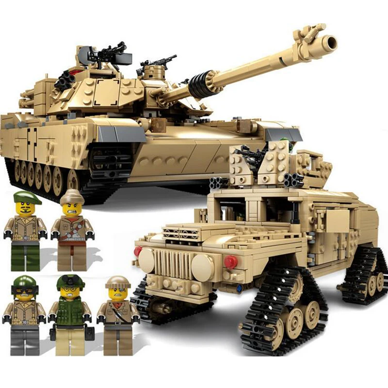  KAZI 10000 Century Military M1A2 Abrams Tank Cannon Deformation Hummer Car Building Blocks Brick To