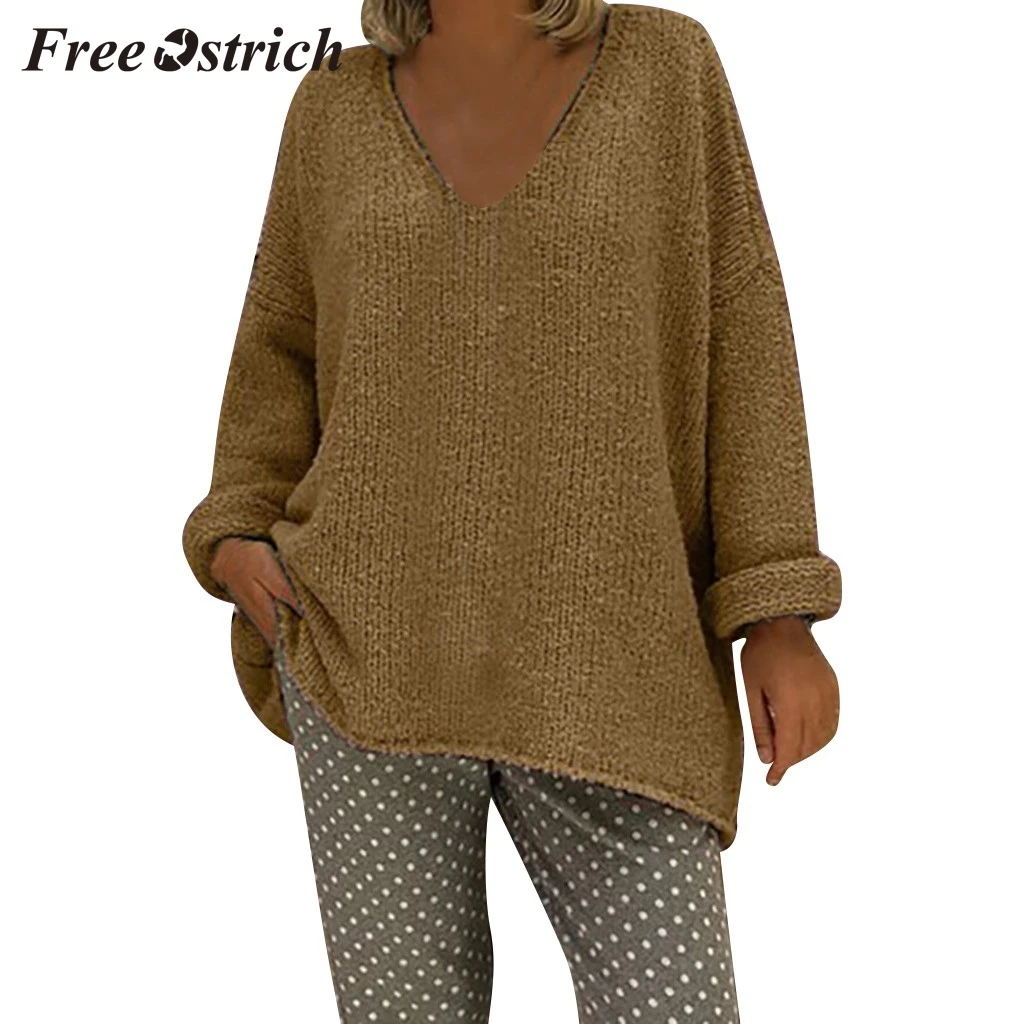 

FREE OSTRICH Explosion models hooded pullover sweater women's solid color simple V-neck sweater patchwork light tone sweater hot
