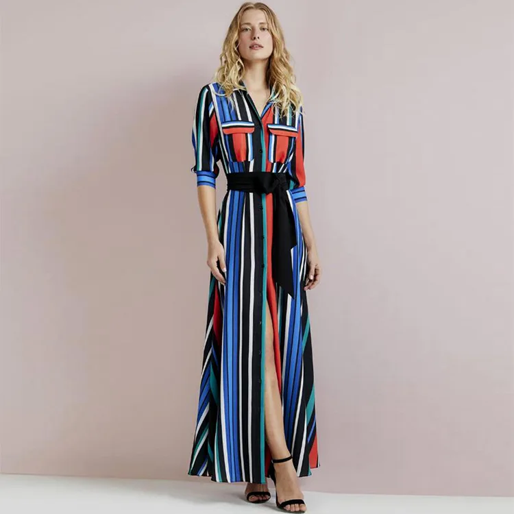 

New 2019 bump color printed stripe dress lace up shirt waist lapel pocket temperament