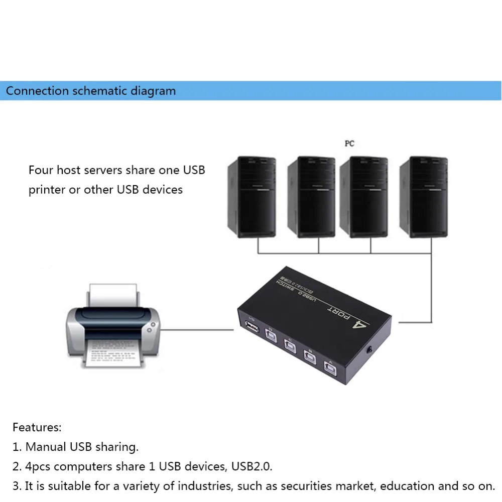 USB 2,0, 4 порта, распределительный переключатель, селектор, коробка, концентратор, распределительный переключатель, адаптер для ПК, сканер, принтер, высококачественный аксессуар